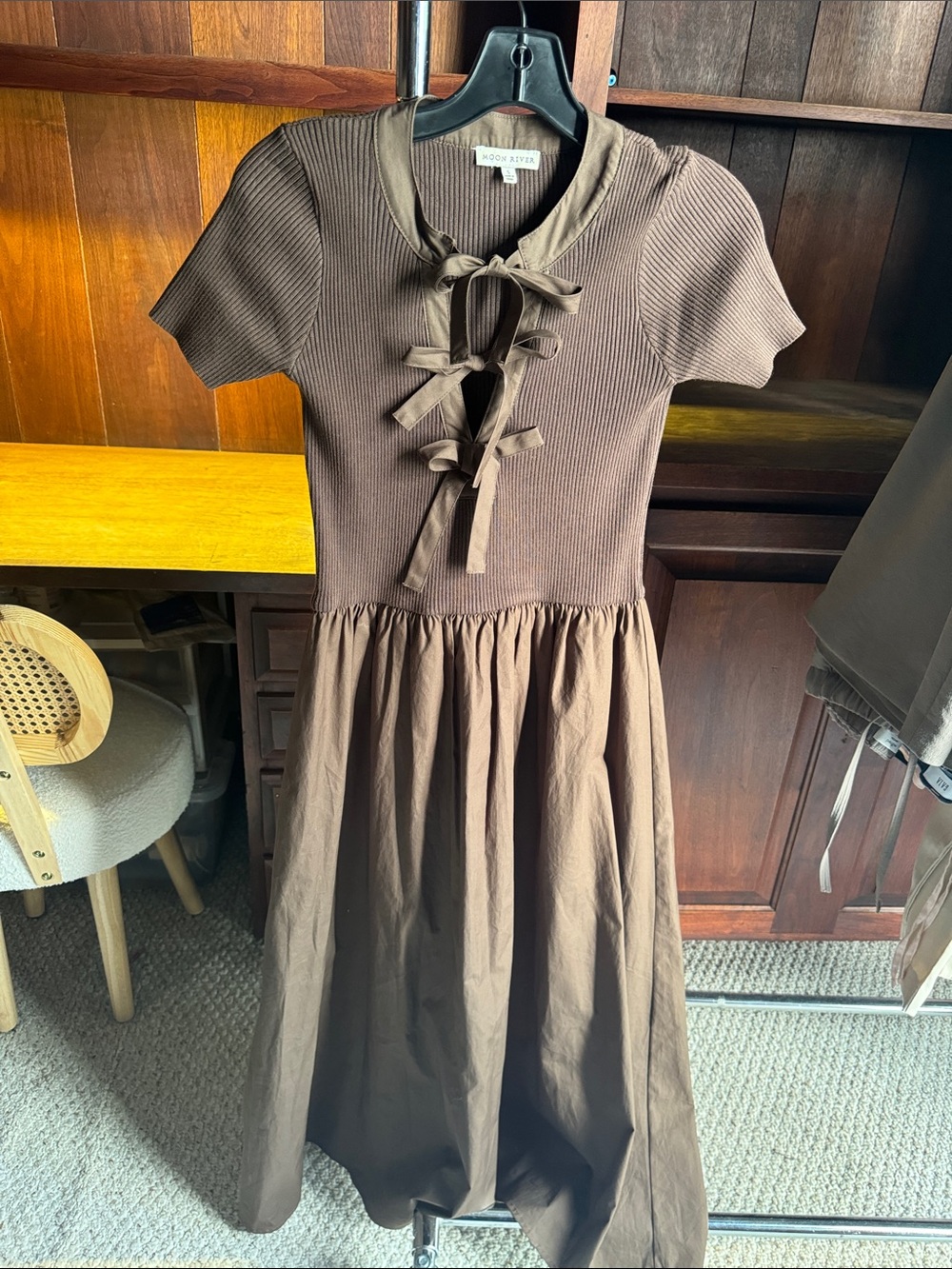 Moon River Brown Ribbon-Tie Casual Kids Dress